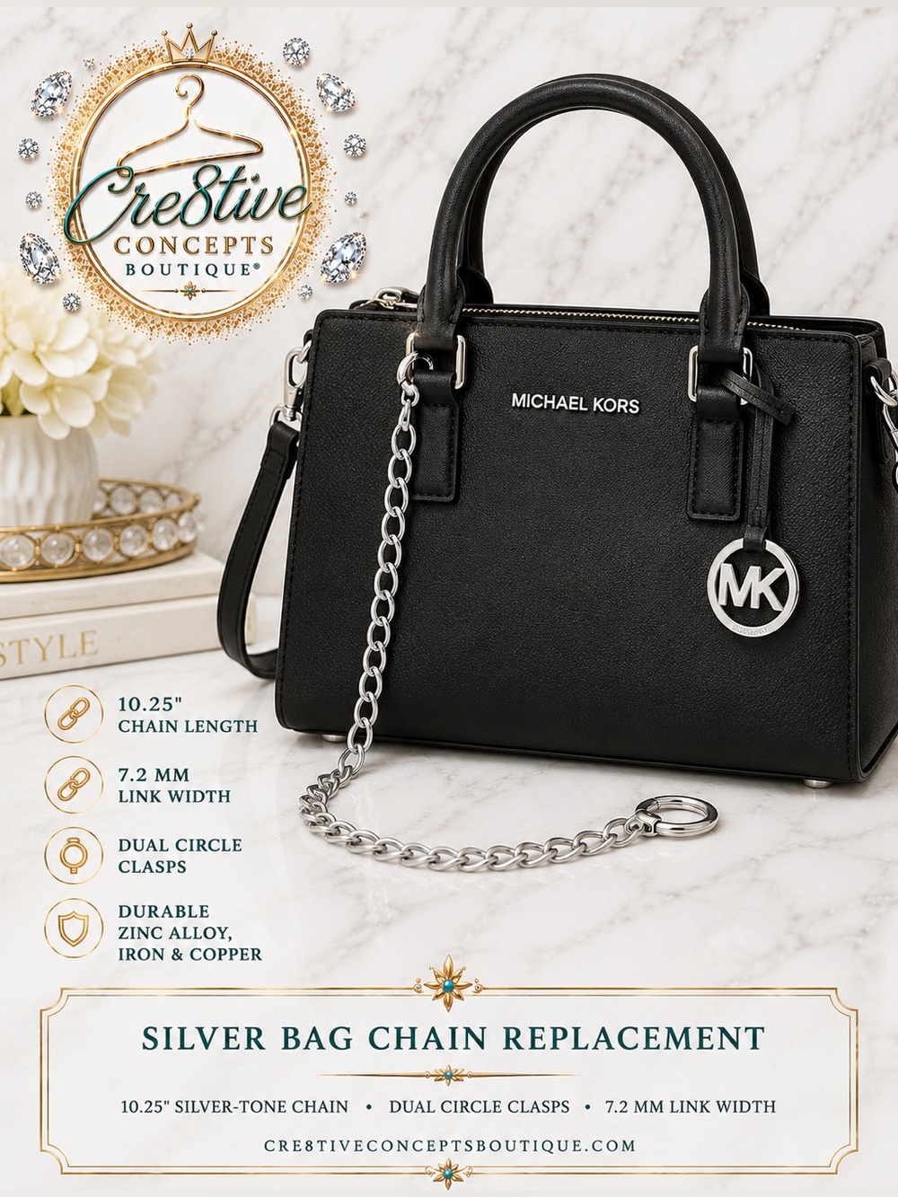 Silver, One Chain Strap Replacement Bag Extender with Circle Clasps